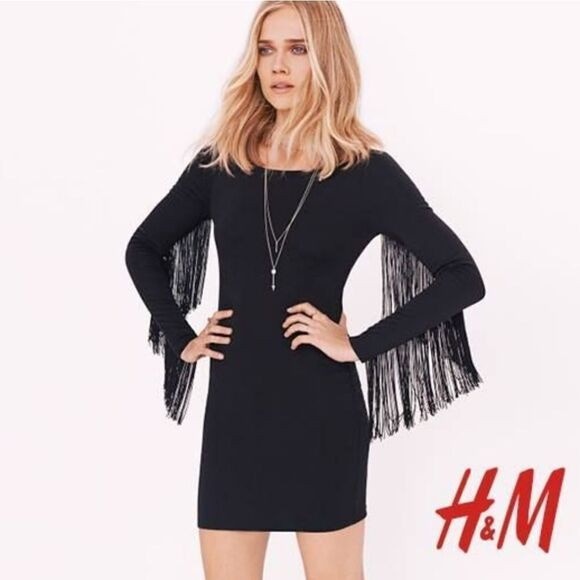 H&M Dresses & Skirts - H&M black bodycon mini dress with fringe long sleeves sz 10